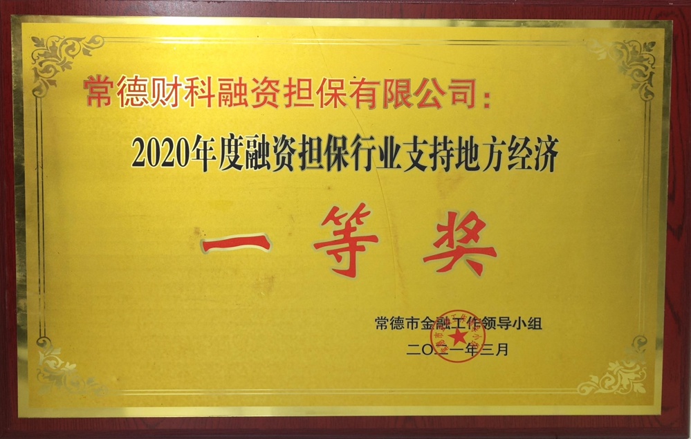 常德財科融資擔(dān)保有限公司：2020年度融資擔(dān)保行業(yè)支持地方經(jīng)濟(jì)一等獎