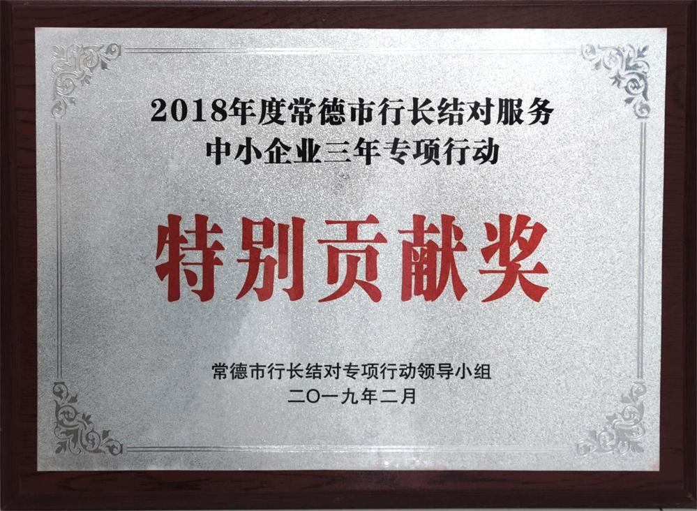 2018年度常德市行長(zhǎng)結(jié)對(duì)服務(wù)中小微企業(yè)三年專(zhuān)項(xiàng)行動(dòng)特別貢獻(xiàn)獎(jiǎng)