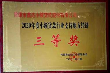 2020年度融資擔(dān)保行業(yè)支持地方經(jīng)濟(jì)三等獎(jiǎng)—常德鑫達(dá)小額貸款股份有限公司