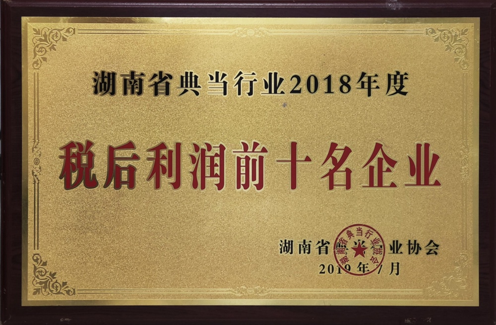 湖南省典當(dāng)行業(yè)2018年度稅后利潤前十名企業(yè)